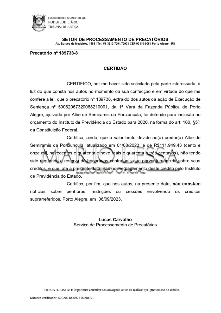 LOTE 006 - CRÉDITO DE PRECATÓRIO ESTADUAL